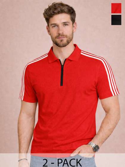 RuledBySun Men Striped Dri-FIT Polo Collar Slim Fit T-shirt