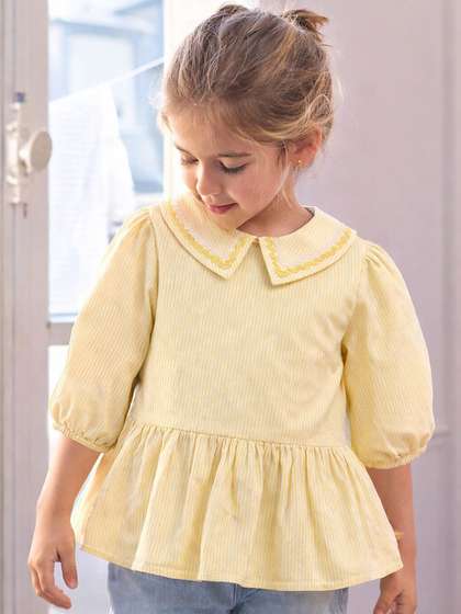 Somersault Striped Peter
                    Pan Collar Puff Sleeve Ruffles Peplum Top