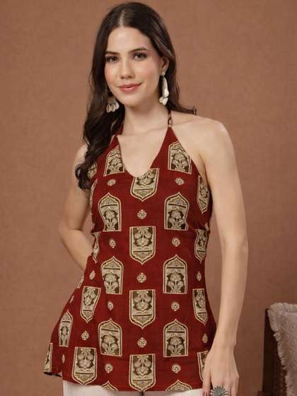 LABEL ADRIJA Print
                        Halter Neck Ethnic Cotton Blend Top