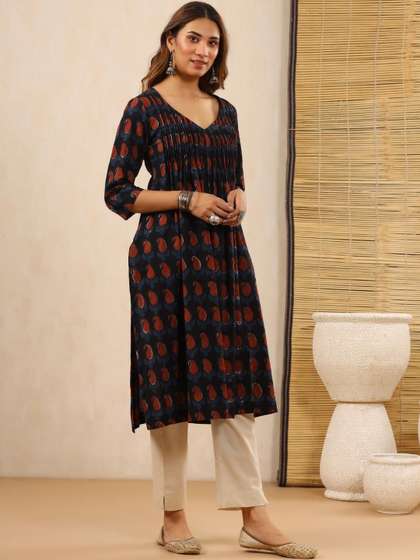 Mayurie Ethnic
                        Motifs Printed V-Neck Pure Cotton Panelled
                        Kurti