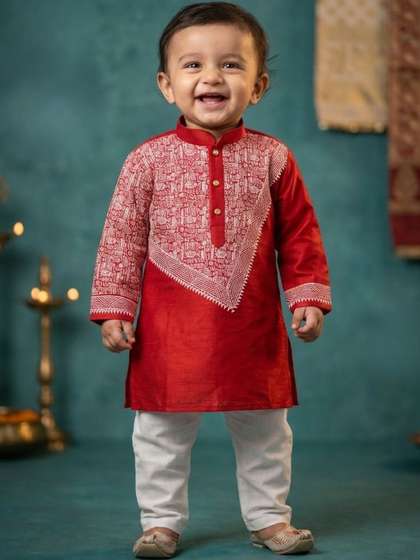 NFC CREATION Boys Ethnic
                    Motifs Embroidered Regular Thread Work Dupion Silk
                    Kurta with Pyjamas