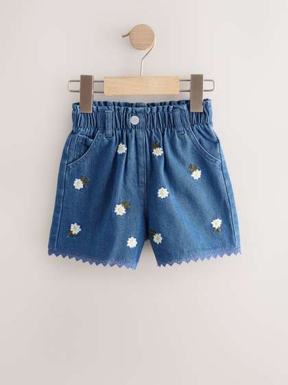 NEXT Girls Floral
                    Embroidered Pure Cotton Denim Shorts
