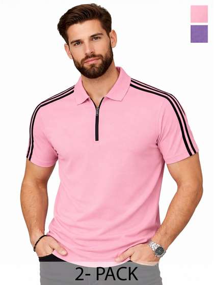 Organic Chics Men Striped Dri-FIT Polo Collar Slim Fit T-shirt