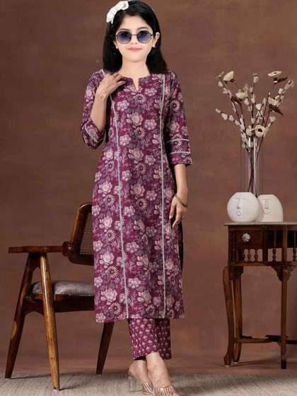 Heerkart Girls Floral
                    Printed Regular Raw Silk Kurta with Pyjamas