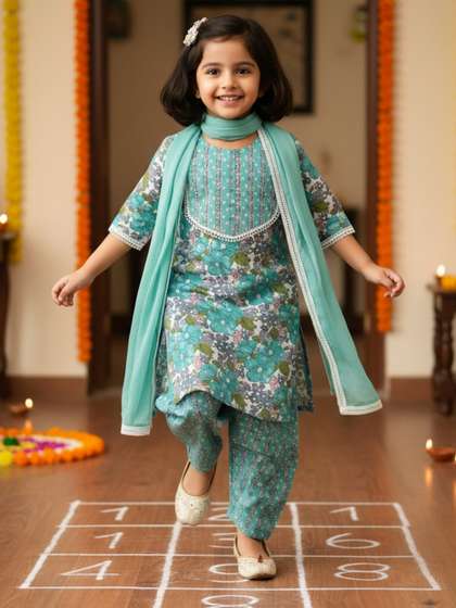 Desi Soota Girls
                      Floral Printed Regular Pure Cotton Kurti with
                      Pyjamas Set