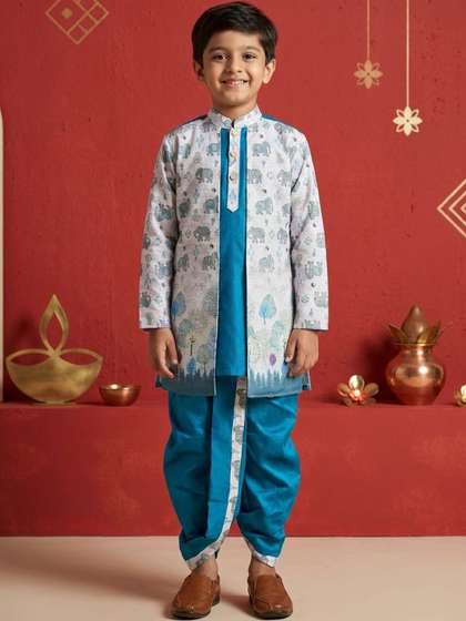 NFC CREATION Boys Ethnic
                    Motifs Printed Layered Dupion Silk Kurta with Dhoti
                    Pants