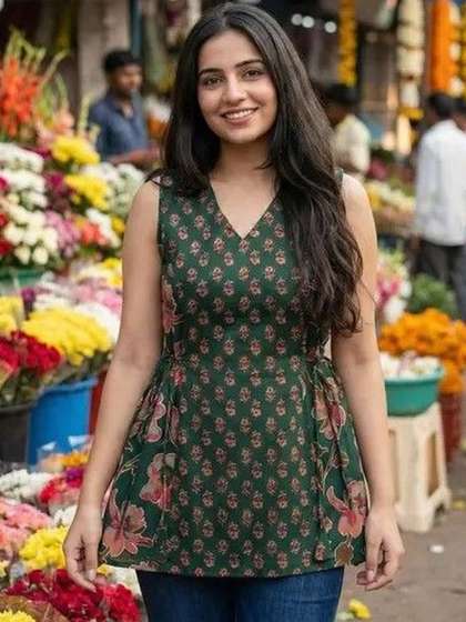 SAICHA Botanical
                        Printed V-Neck Pure Cotton Blend Kurti