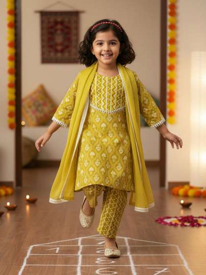 Desi Soota Girls Ethnic
                    Floral Motifs Printed Pure Cotton Kurti with Pyjamas
                    & Dupatta