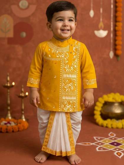 TAKE STYLE Boys Ethnic
                    Motifs Printed Angrakha Pure Cotton Kurta with Dhoti
                    Pants