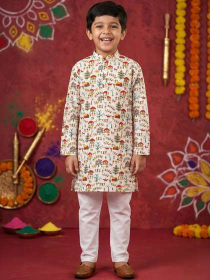 AHLAN APPARELS Boys
                      Ethnic Motifs Printed Regular Pure Cotton Kurta
                      with Pyjamas