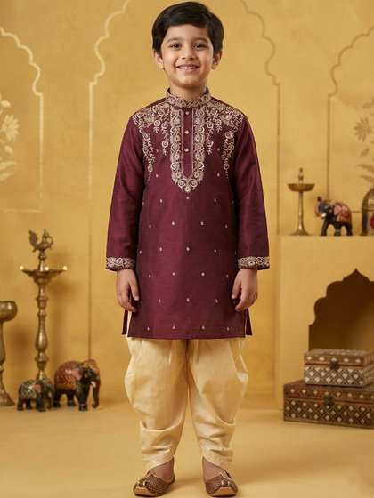 NFC CREATION Boys Ethnic
                    Motifs Embroidered Regular Thread Work Dupion Silk
                    Kurta with Dhoti Pants