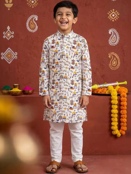 Cae Boys Ethnic Motifs
                    Printed Regular Pure Cotton Kurta with Pyjamas