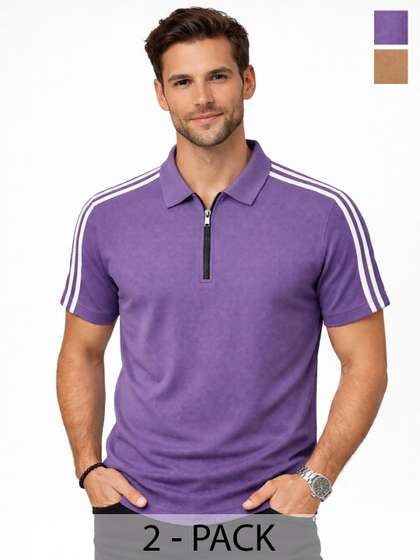Organic Chics Men Striped Dri-FIT Polo Collar Slim Fit T-shirt