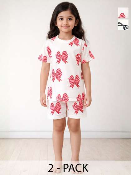 Anthrilo Kids Girls Pack
                    Of 2 Pink Black Bow Print Round Neck Pure Cotton
                    Night Suit Set