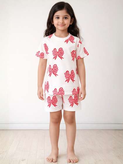 Anthrilo Kids Girls Bow
                    Print Round Neck Pure Cotton Night Suit Set