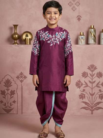 Cae Boys Ethnic Motifs
                    Embroidered Regular Thread Work Dupion Silk Kurta
                    with Dhoti Pants