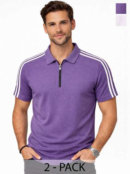 Organic Chics Men Striped Dri-FIT Polo Collar Slim Fit T-shirt