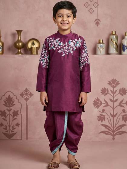 TAKE STYLE Boys Ethnic
                      Motifs Embroidered Regular Thread Work Dupion Silk
                      Kurta with Dhoti Pants
