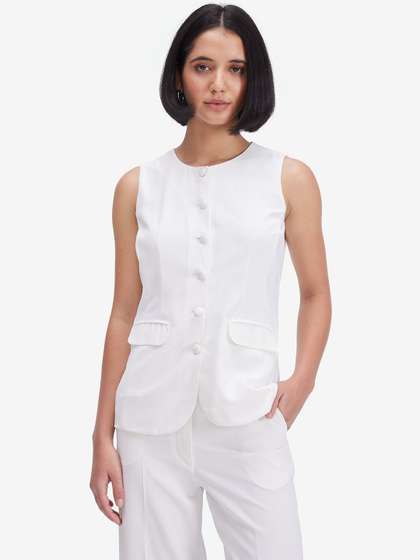 Strong And Brave
                        Tailored-Fit Round Neck Woven Formal Waistcoat