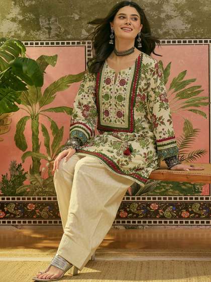 Sangria Printed Pure
                        Cotton Round Neck Kurti & Salwar