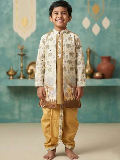 AHLAN APPARELS Boys
                    Ethnic Motifs Printed Regular Dupion Silk Kurta with
                    Dhoti Pants