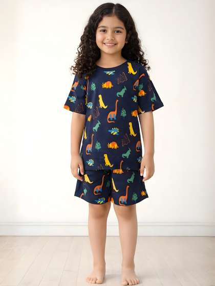 Anthrilo Kids Girls
                    Dinosaur Fun Print Round Neck Pure Cotton Night Suit
                    Set