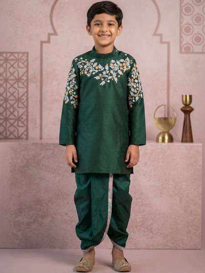 BAESD Boys Ethnic
                      Motifs Embroidered Regular Thread Work Dupion Silk
                      Kurta with Dhoti Pants