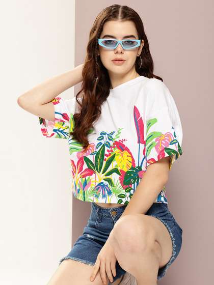 Kook N Keech Printed
                        Drop-Shoulder Sleeves Pure Cotton Boxy Crop
                        T-shirt