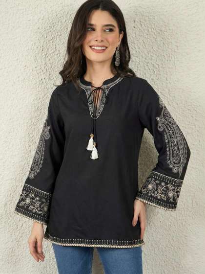 Anouk Ethnic Motifs
                        Embroidered Flared Sleeves Thread Work Chanderi
                        Silk Thread Work Kurti