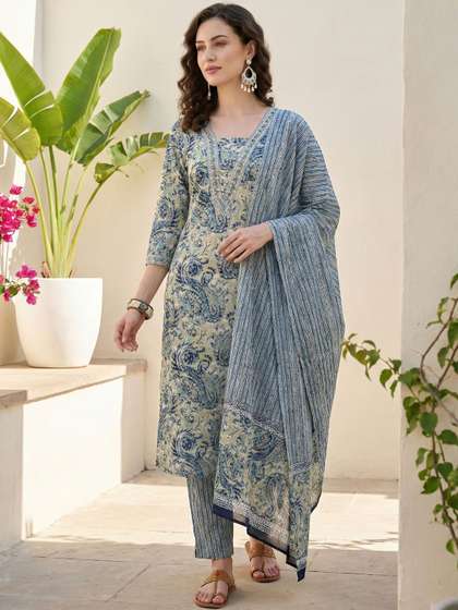 Anouk Women Ethnic
                        Motifs Printed Regular Thread Work Pure Cotton
                        Kurta with Trousers & With Dupatta