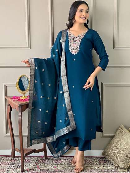 TYLISSA Women
                          Floral Embroidered Regular Thread Work Kurta
                          with Trousers & With Dupatta