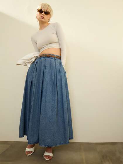 SASSAFRAS Women
                        Denim Mid Rise Maxi Skirts