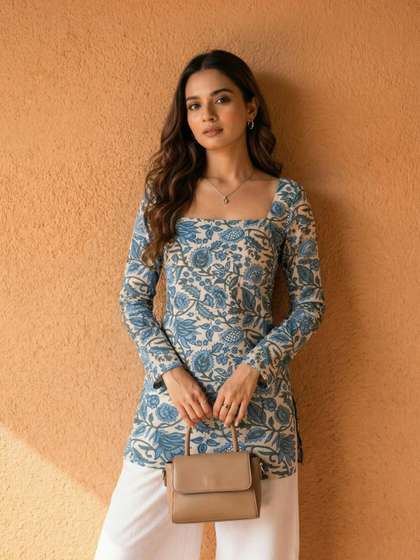 KAORI BY SHREYA
                            AGARWAL Floral Printed Square Neck Pure
                            Cotton Blend Kurti