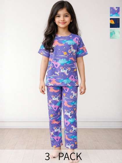 Anthrilo Pack of 3 Kids
                    Girls Unicorn IceCream And Dinosaur Short Sleeve
                    Cotton Night Suit