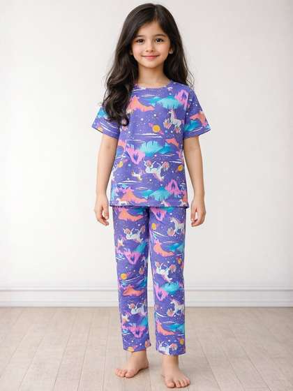 Anthrilo Purple Kids
                      Girls Unicorn Planet Print Short Sleeve Cotton
                      Night Suit