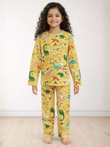 Anthrilo Yellow Kids
                      Girls Raining Dinosaur Print Long Sleeve Cotton
                      Night Suit