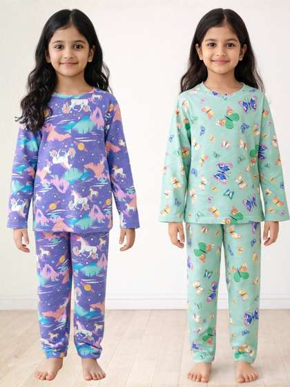 Anthrilo Pack of 2 Green
                    Kids Girls Butterfly Unicorn Planet Cotton Night
                    Suit