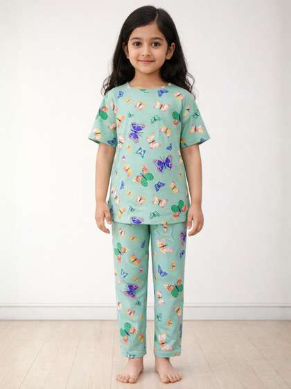 Anthrilo Green Kids
                    Girls Butterfly Short Sleeve Cotton Night Suit
