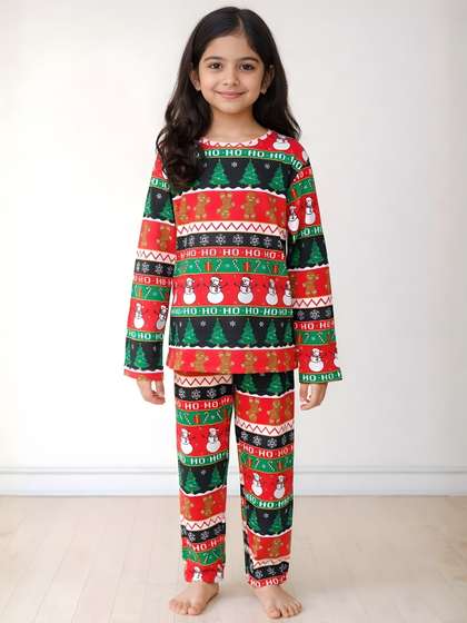Anthrilo Red Kids Girls
                    Christmas Red Long Sleeve Cotton Night Suit Pyjama
                    Set