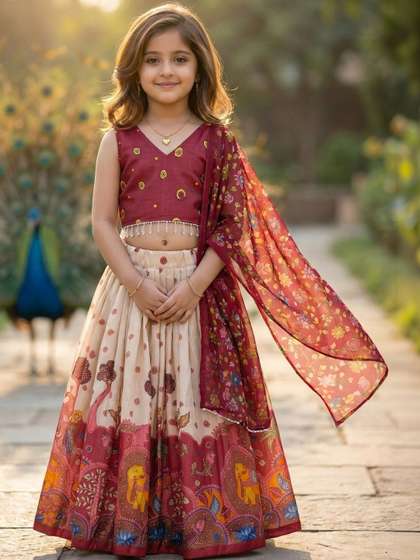 KALINI Girls
                        Embroidered Thread Work Ready to Wear Lehenga
                        & Blouse With Dupatta