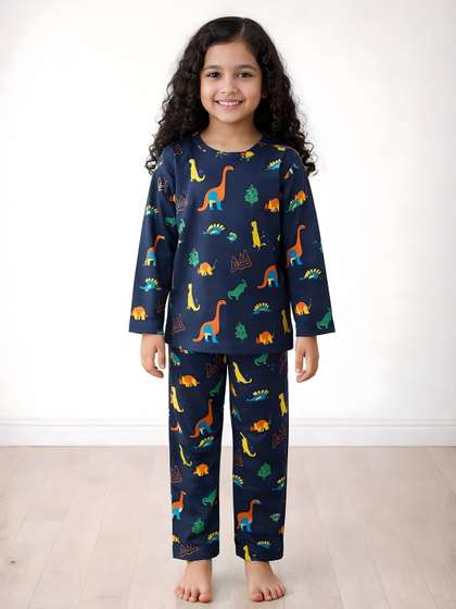 Anthrilo Navy Kids Girls
                    Dinosaur Fun Long Sleeve Cotton Night Suit Pyjama
                    Set