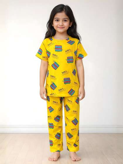 Anthrilo Yellow Kids
                    Girls Pop It Short Sleeve Printed Cotton Night Suit