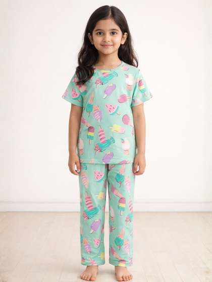 Anthrilo Aqua Kids Girls
                    Ice Cream Short Sleeve Printed Cotton Night Suit
                    Pyjama Set