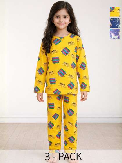 Anthrilo Pack of 3 Kids
                    Girls Solar Unicorn Planet And Pop It Long Sleeve
                    Cotton Night Suit