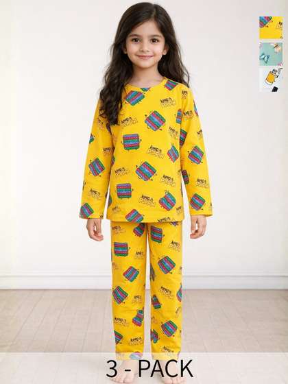 Anthrilo Pack of 3 Kids
                    Girls Butterfly Nail Paint and PopIt Long Sleeve
                    Cotton Night Suit