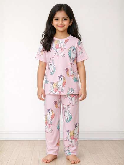 Anthrilo Pink Kids Girls
                    Unicorn Star Print Short Sleeve Cotton Night Suit