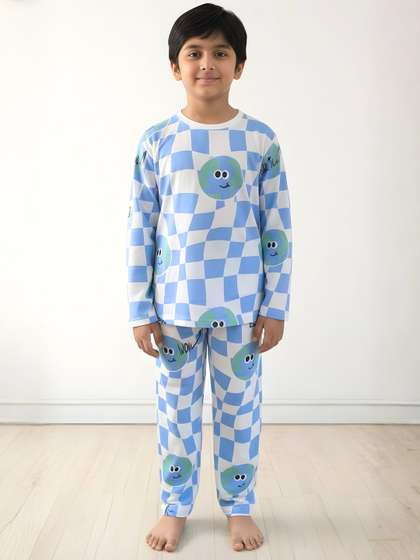 Anthrilo Blue Kids
                      Boys Globe Check Long Sleeve Printed Cotton Night
                      Suit