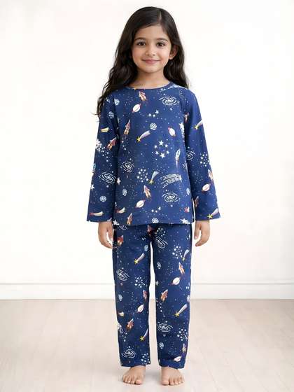 Anthrilo Blue Kids Girls
                    Solar System Fun Dreams Print Long Sleeve Cotton
                    Night Suit
