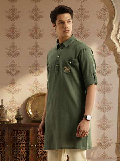 House of Pataudi
                        Shirt Collar Roll-Up Sleeves Thread Work Detail
                        Pure Cotton Jashn Kurta
