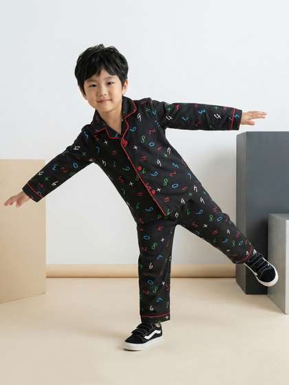 CLAP Kids Alphanumeric
                      Printed Shirt Collar Pure Cotton Night Suit
